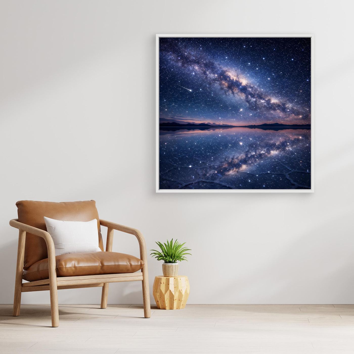 Leinwandbild mit weißem Rahmen: Nachthimmel mit Milchstraße und Spiegelung