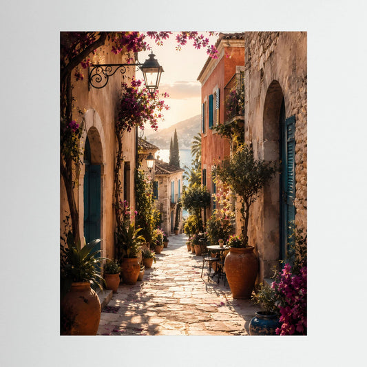 Hochformat-Poster mit mediterraner Gasse, Bögen, Kübelpflanzen und blühendem Wein