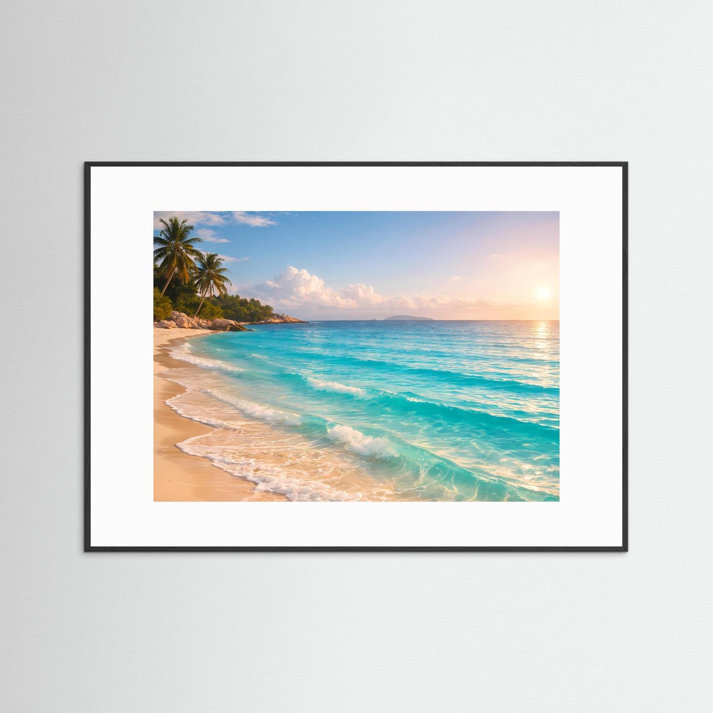 Wandbild im schwarzen Rahmen mit weißem Rand: tropischer Strand bei Sonnenaufgang