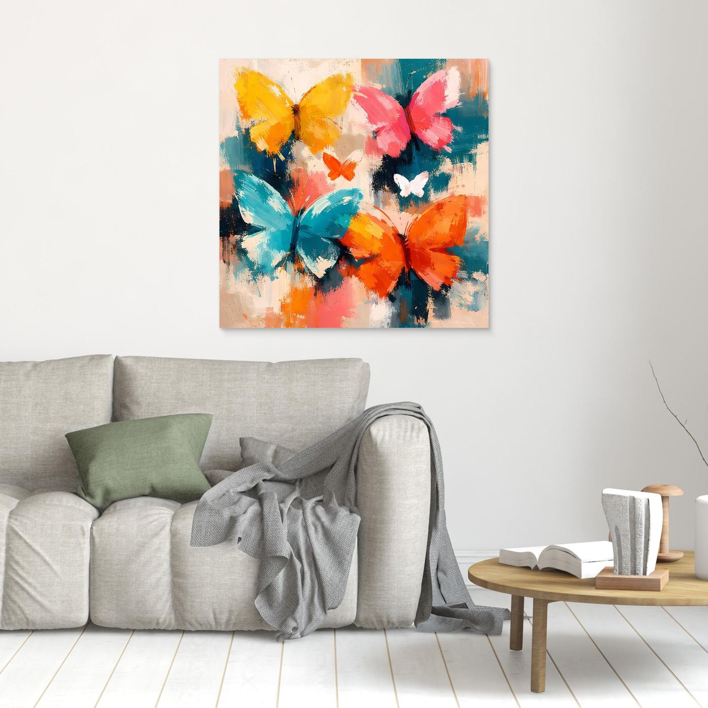 Leinwand Farbenfrohe Schmetterlinge im Flug | Abstraktes Natur & Frühling Wandbild