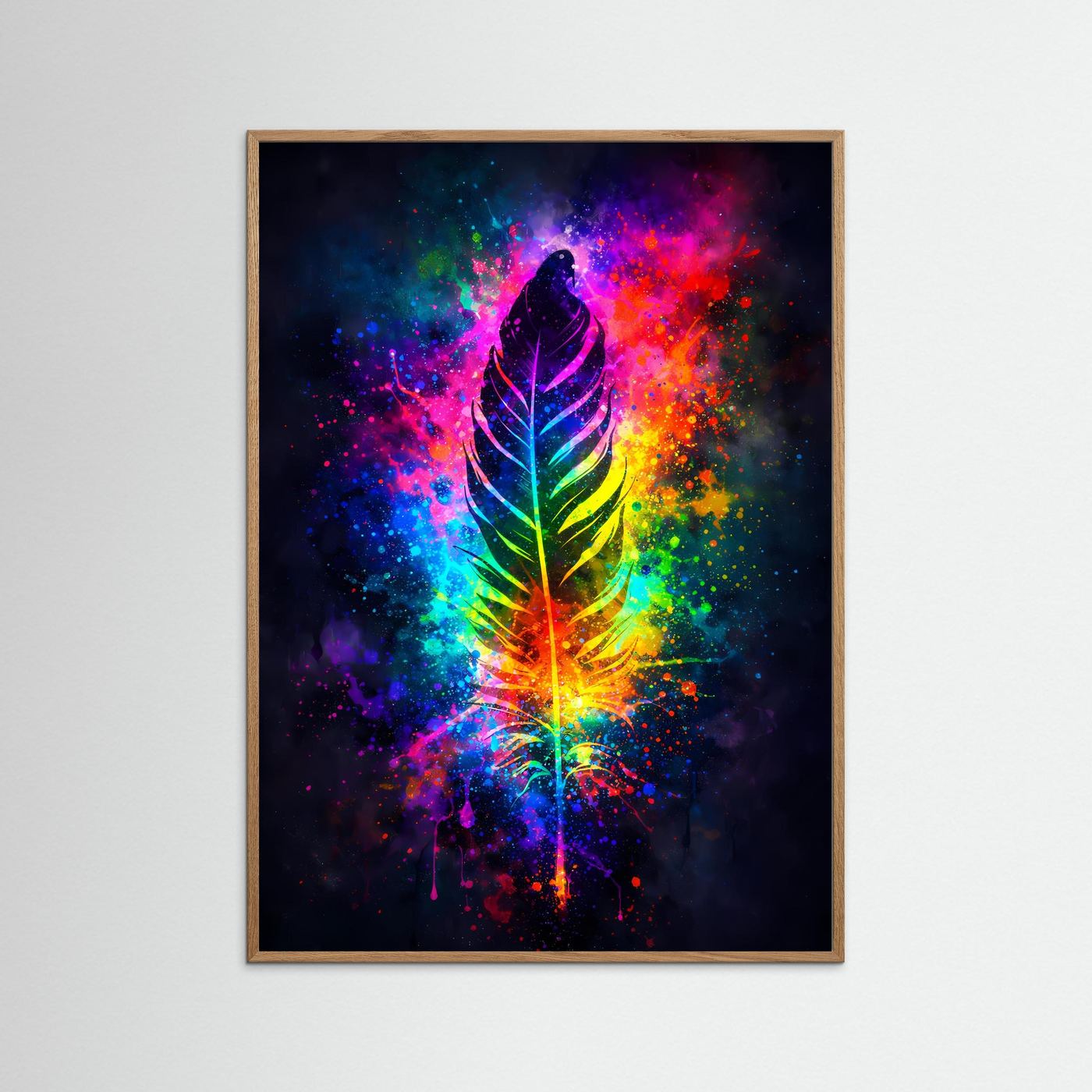Wandbild mit Regenbogen-Feder im Kosmos, brauner Holzrahmen