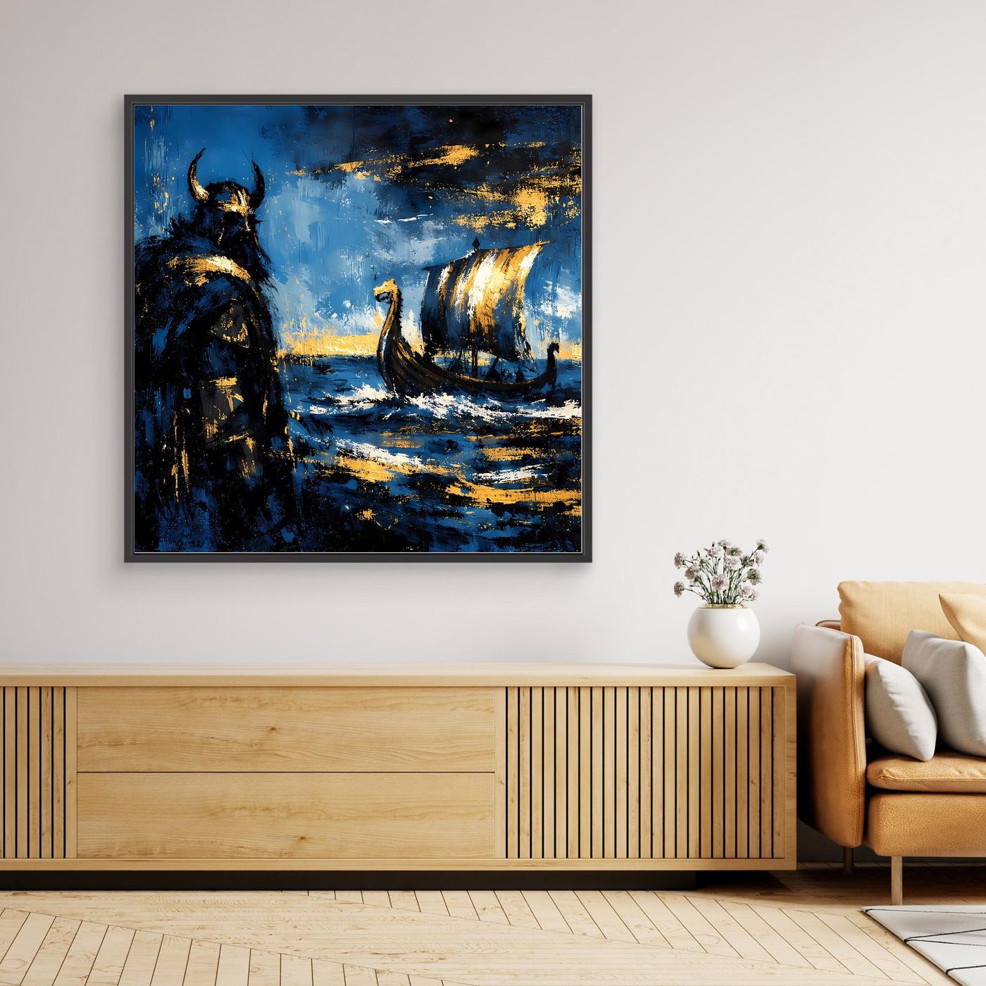 Leinwand Mythischer Wikinger und Langschiff | Abstraktes Nordisches Wandbild
