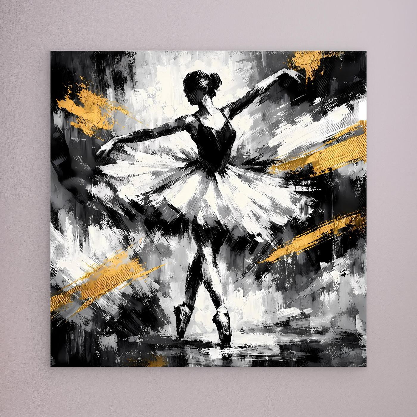 Leinwandbild mit abstrakter Ballerina in Schwarzweiß und goldenen Farbakzenten