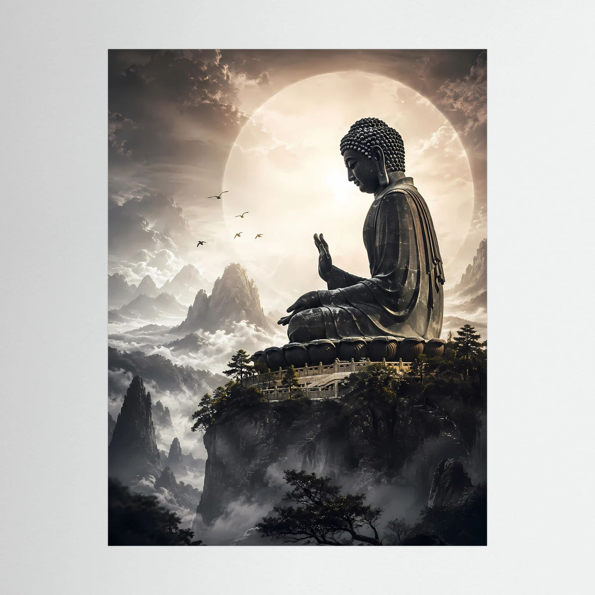 Poster-Print mit sitzendem Buddha im Gebet, Mondkreis über Berglandschaft