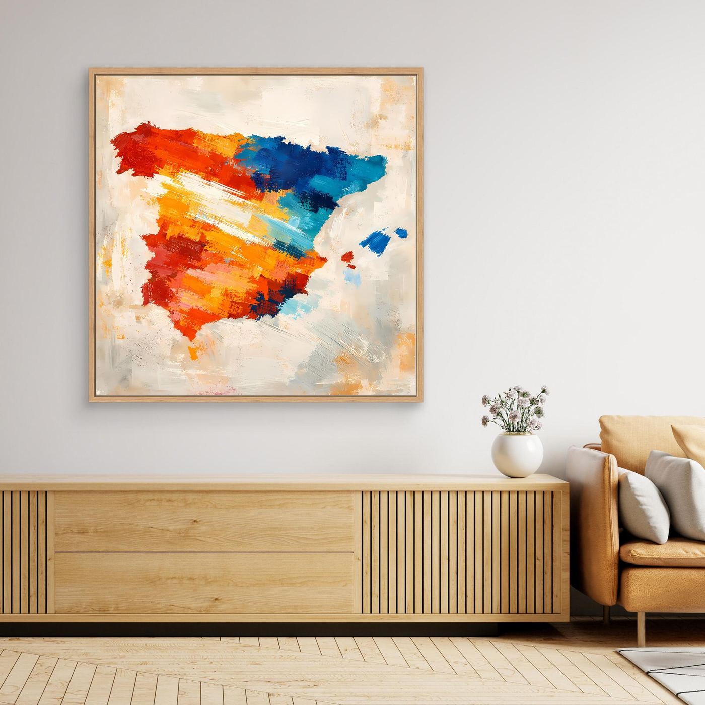 Abstract Spain map canvas wall art with oak frame, colorful brushstrokes on light canvas.