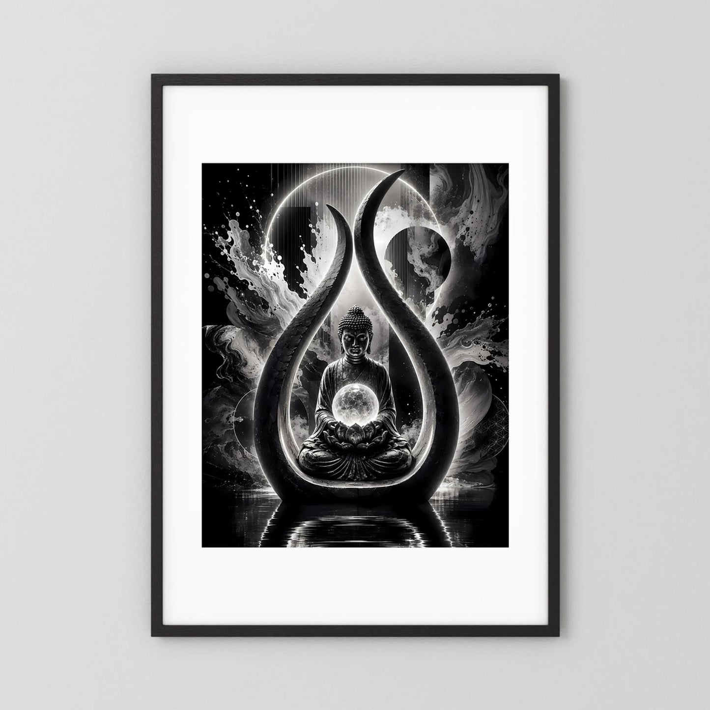 Buddha-Kunstposter in Schwarzweiß: Meditierender Buddha im Tropfen-Licht, schwarzer Rahmen mit Rand