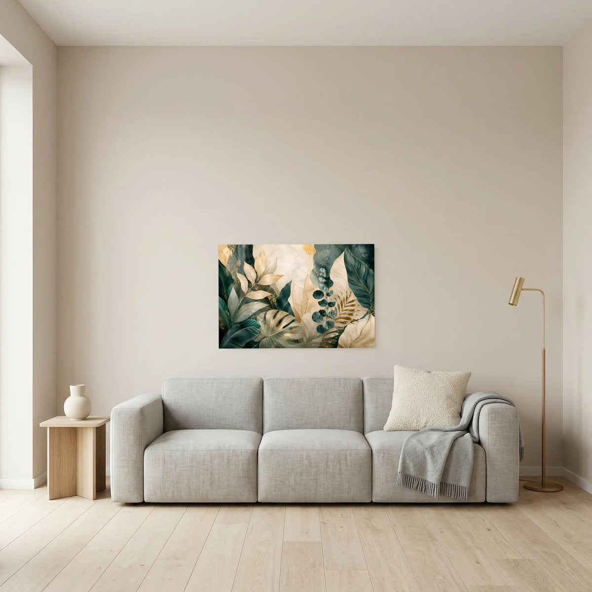 Gerahmtes Querformat-Poster mit abstrakten Blättern in Grün, Creme und Gold, klein