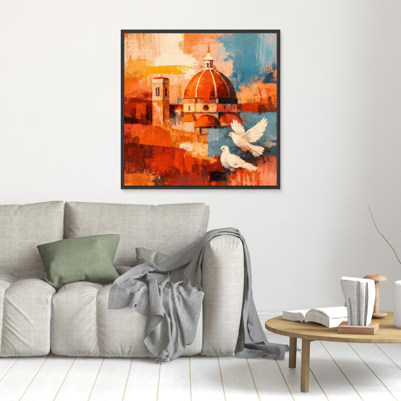 Abstraktes Wandbild mit roter Kuppel und Tauben, farbige Stadtformen, schwarz gerahmt