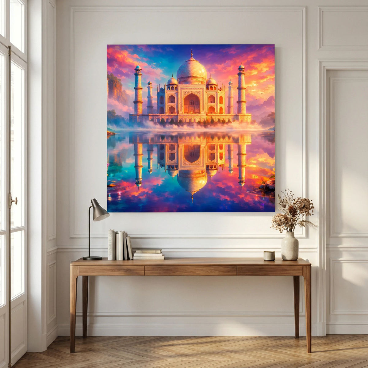 Leinwandbild mit Taj Mahal, goldener Kuppel, Minaretten und Spiegelbild