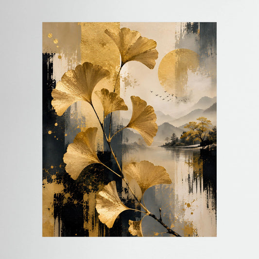 Hochformatiges Kunstposter: goldene Ginkgo-Blätter, Schwarz und Beige mit Seeblick
