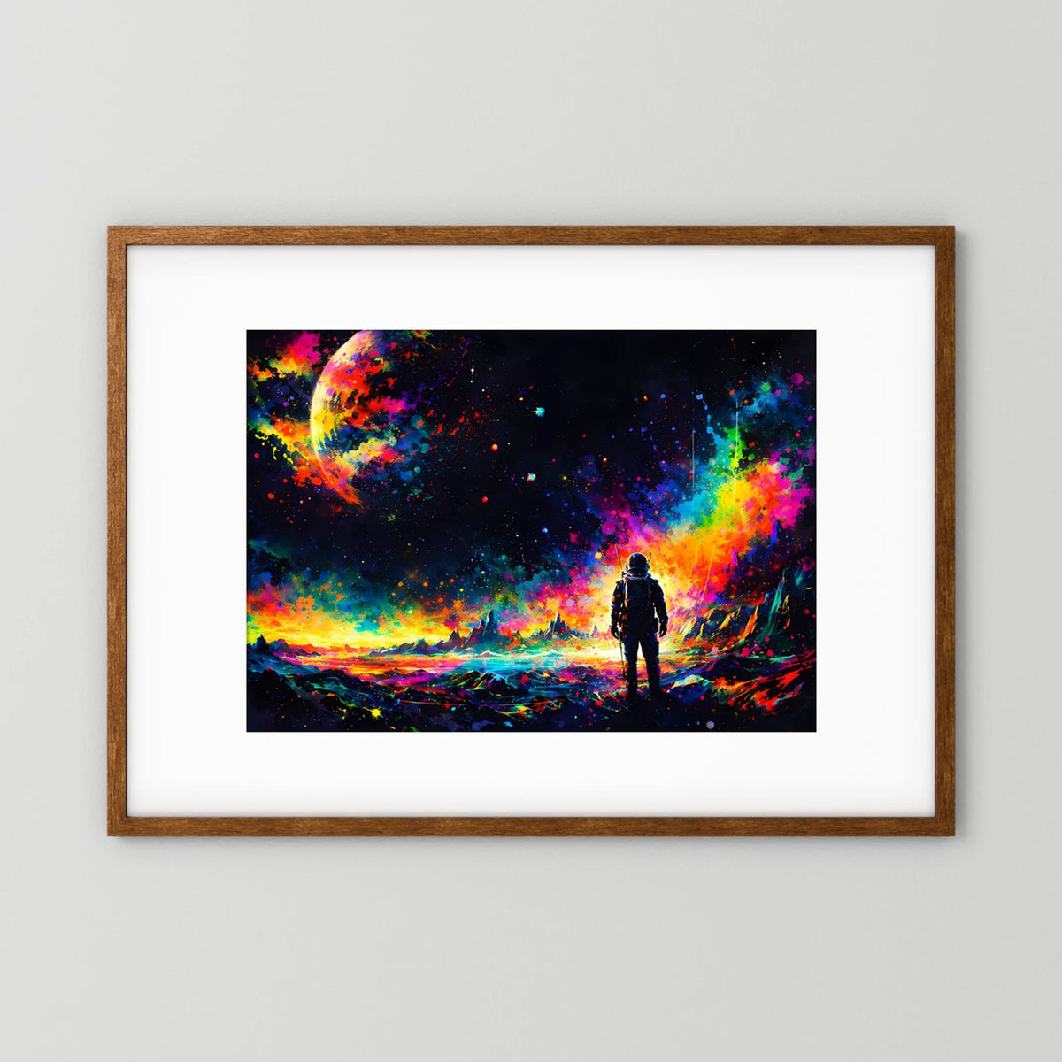 Wandbild mit Astronauten-Silhouette im Neon-Weltraum, Holzrahmen mit weißem Rand