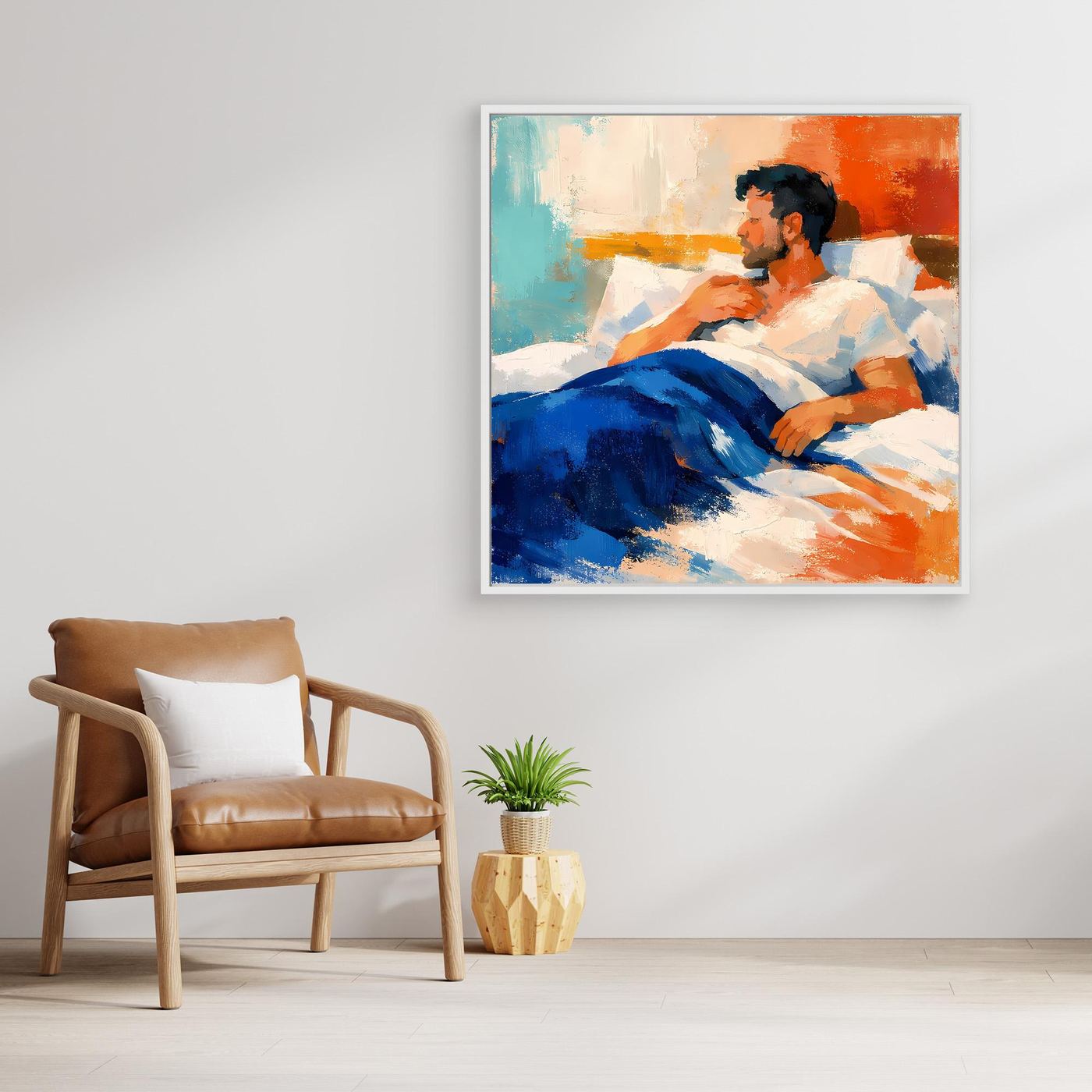 Gerahmtes Leinwand-Wandbild: Mann im Liegen, weiß-graue Figur, blaue und orange Farbfelder