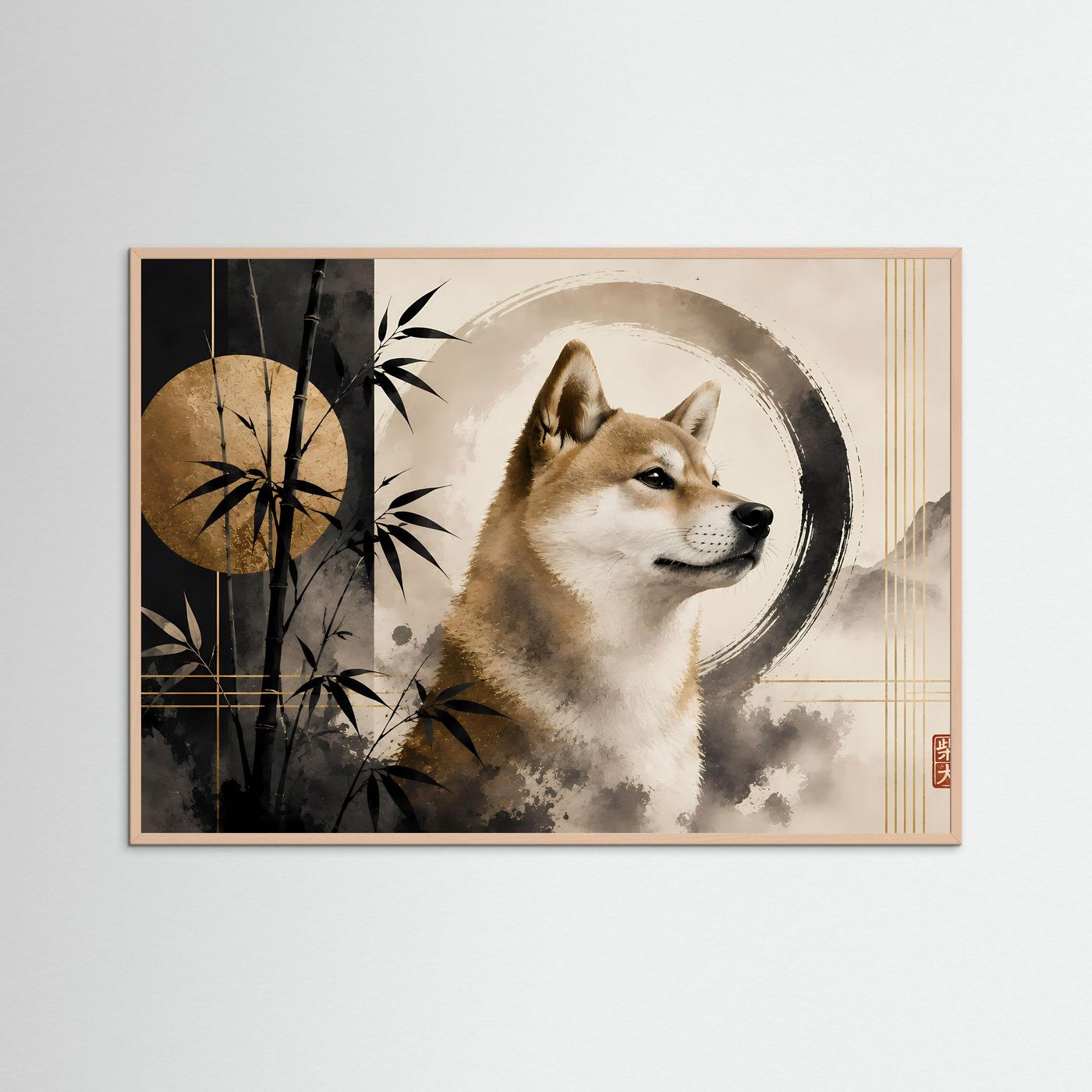 Gerahmtes Querformat-Poster mit Shiba Inu Zen-Motiv, Bambus und Kreisornamenten, hellbraun