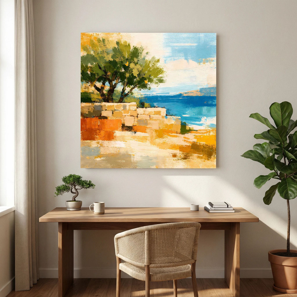 Quadratisches Wandbild auf Leinwand über Holztisch: grüner Baum, orangefarbene Steine, blaues Wasser.