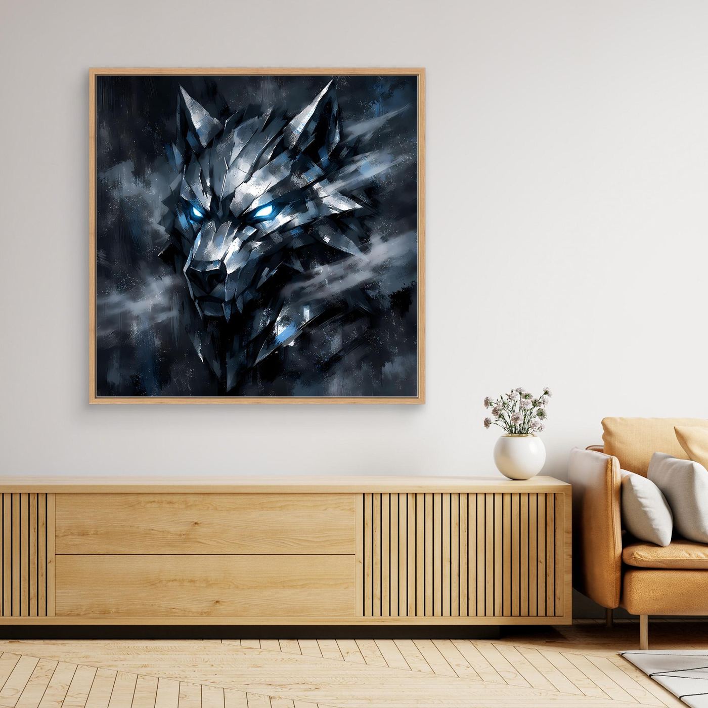 Leinwand-Wandbild: geometrischer Wolf mit leuchtenden Augen, heller Holzrahmen