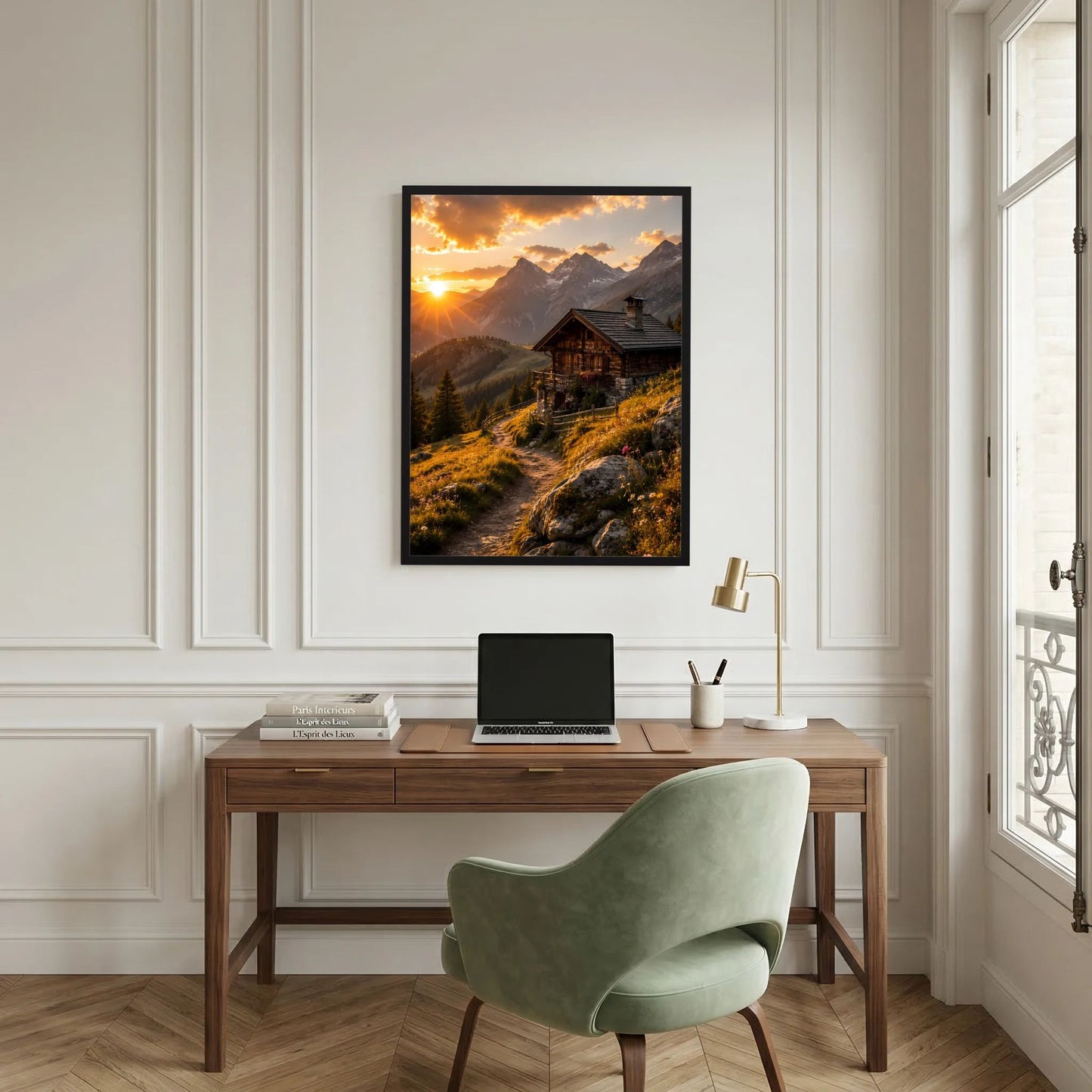 Schwarzes Wandposter im Hochformat mit Berghütte und Sonnenuntergang am Pfad