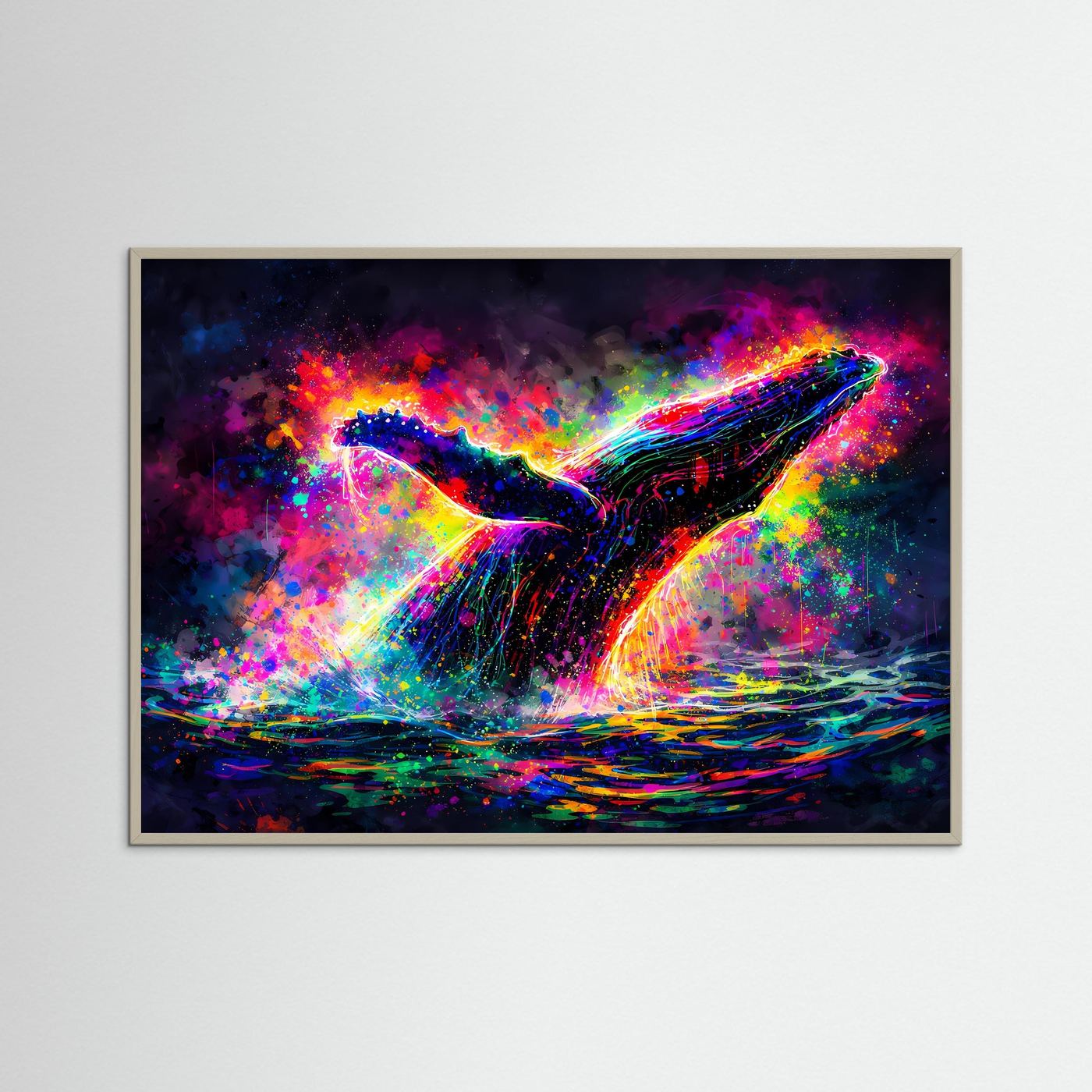 Gerahmtes Neon-Buckelwal-Poster mit farbigem Wasser- und Wal-Motiv