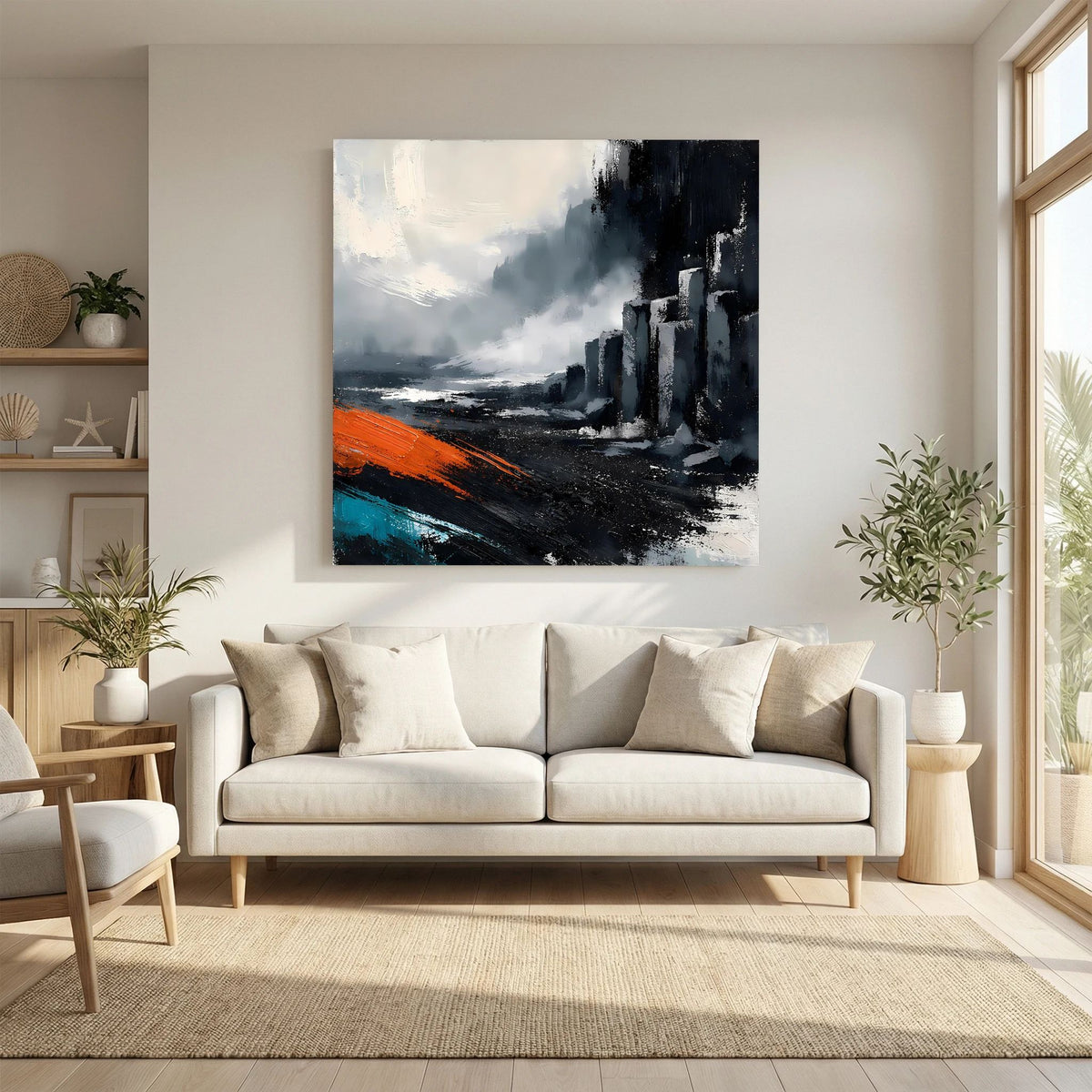 Leinwand Abstraktes Basaltsäulen Gemälde | Modernes Isländisches Vulkan Wandbild Schwarz Orange