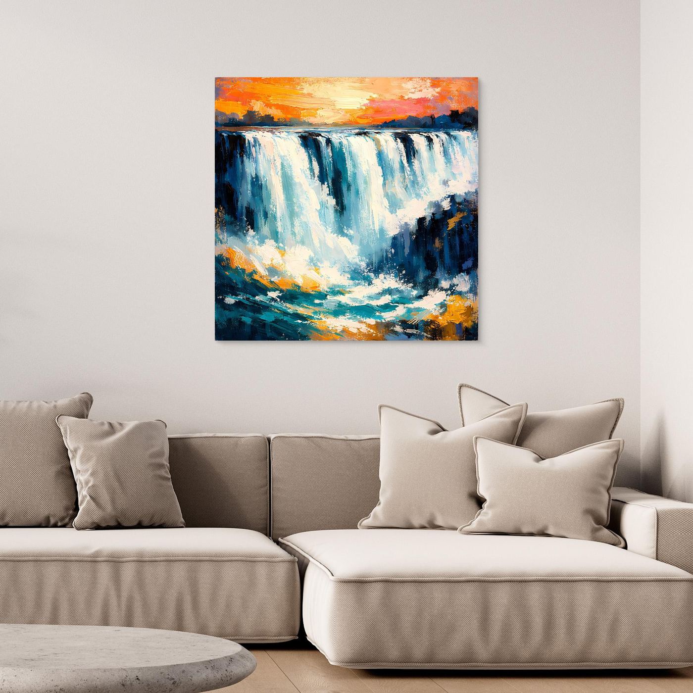 Gerahmtes Leinwandbild mit Wasserfall-Kaskaden in Blau und Orange, brauner Holzrahmen.