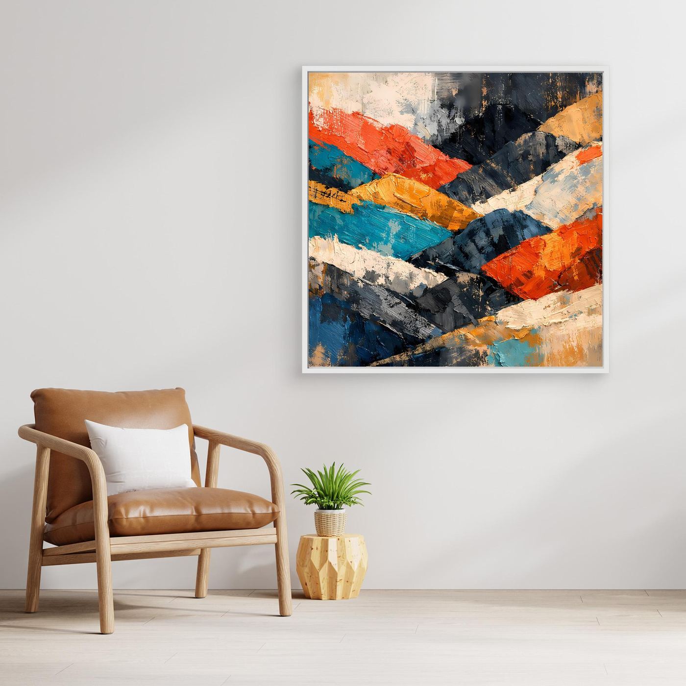 Abstraktes Leinwand-Wandbild mit Gebirgsmotiv, bunte Farb- und Pinselstreifen, mit weißem Rahmen