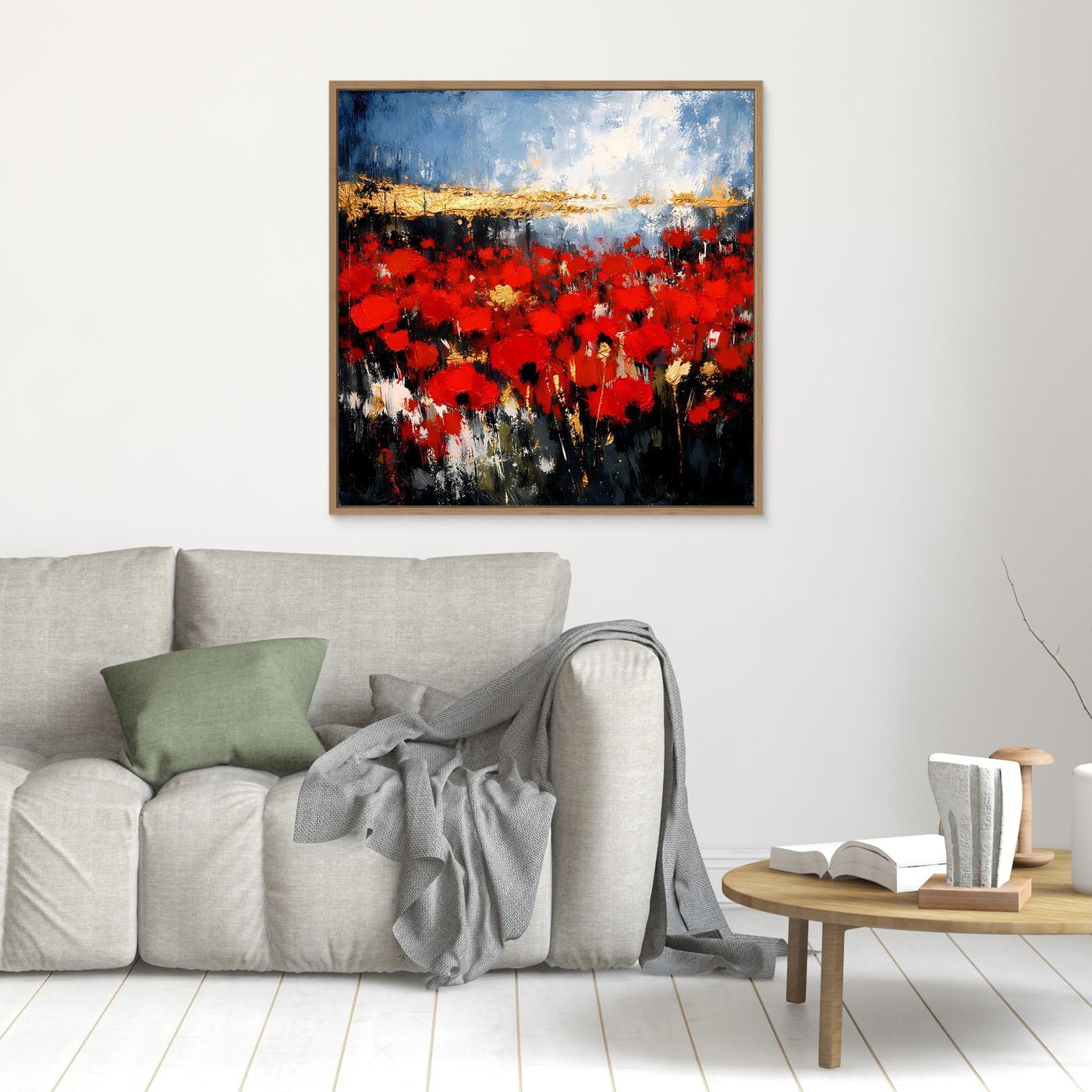 Kleines abstraktes Wandbild: Rot-Blumenfeld, Blauhimmel und Goldstreifen, Holzrahmen