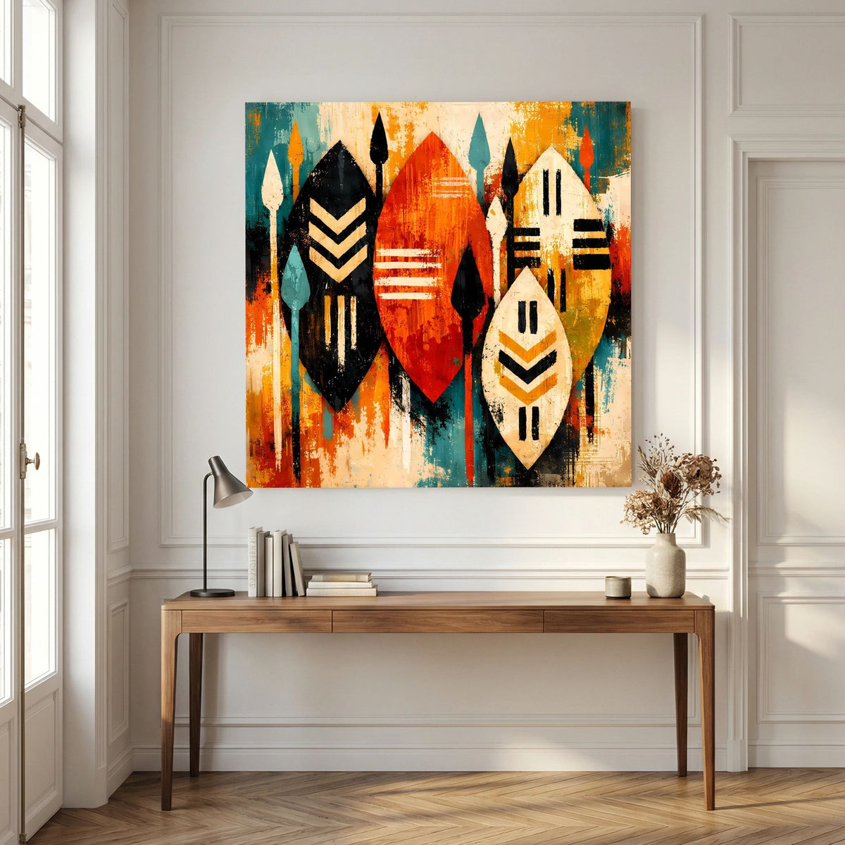 Abstraktes Wandbild mit drei afrikanischen Schildmotiven, creme, schwarz und orangefarben