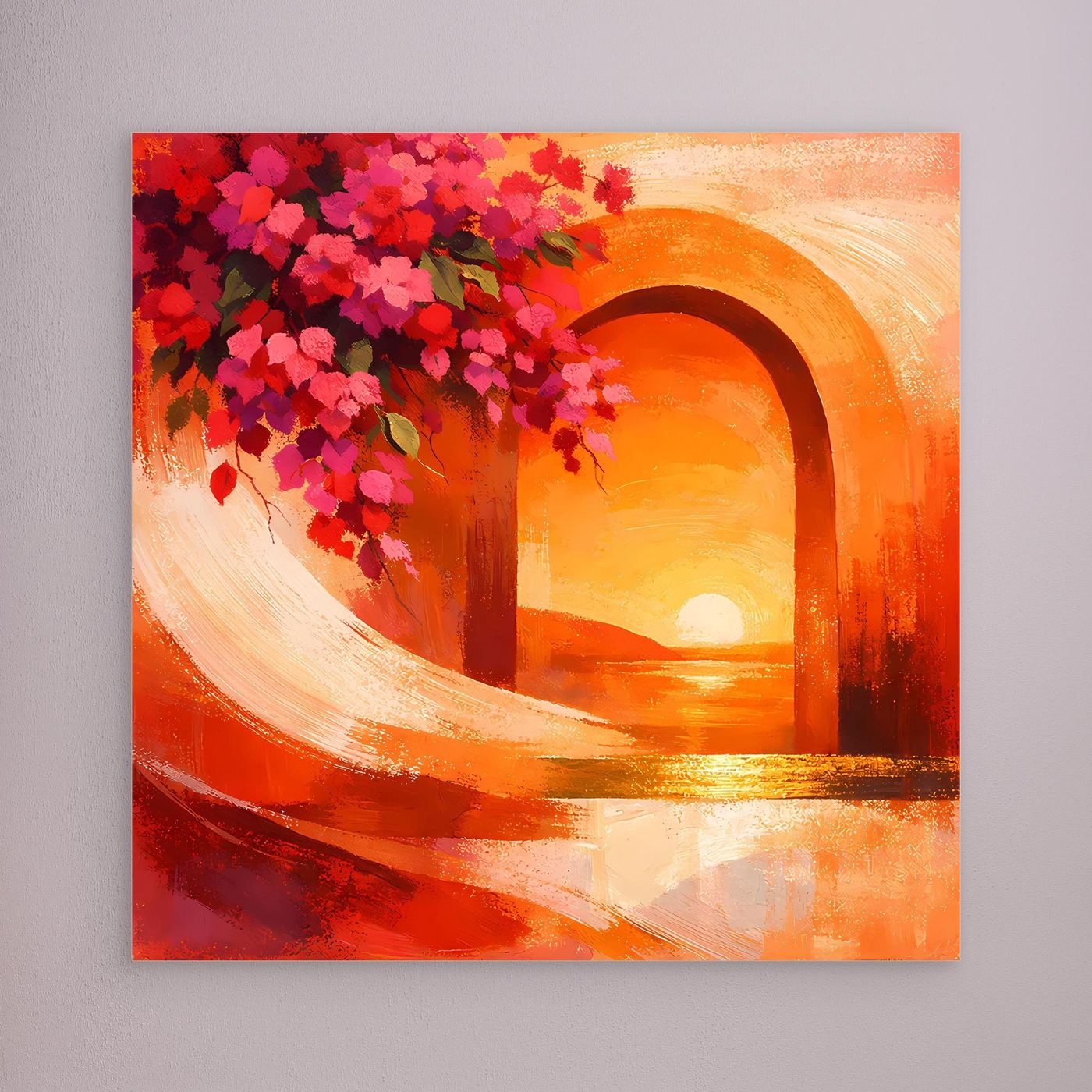 Leinwandbild: orangefarbener Torbogen mit pinken Blüten und Sonnenuntergang
