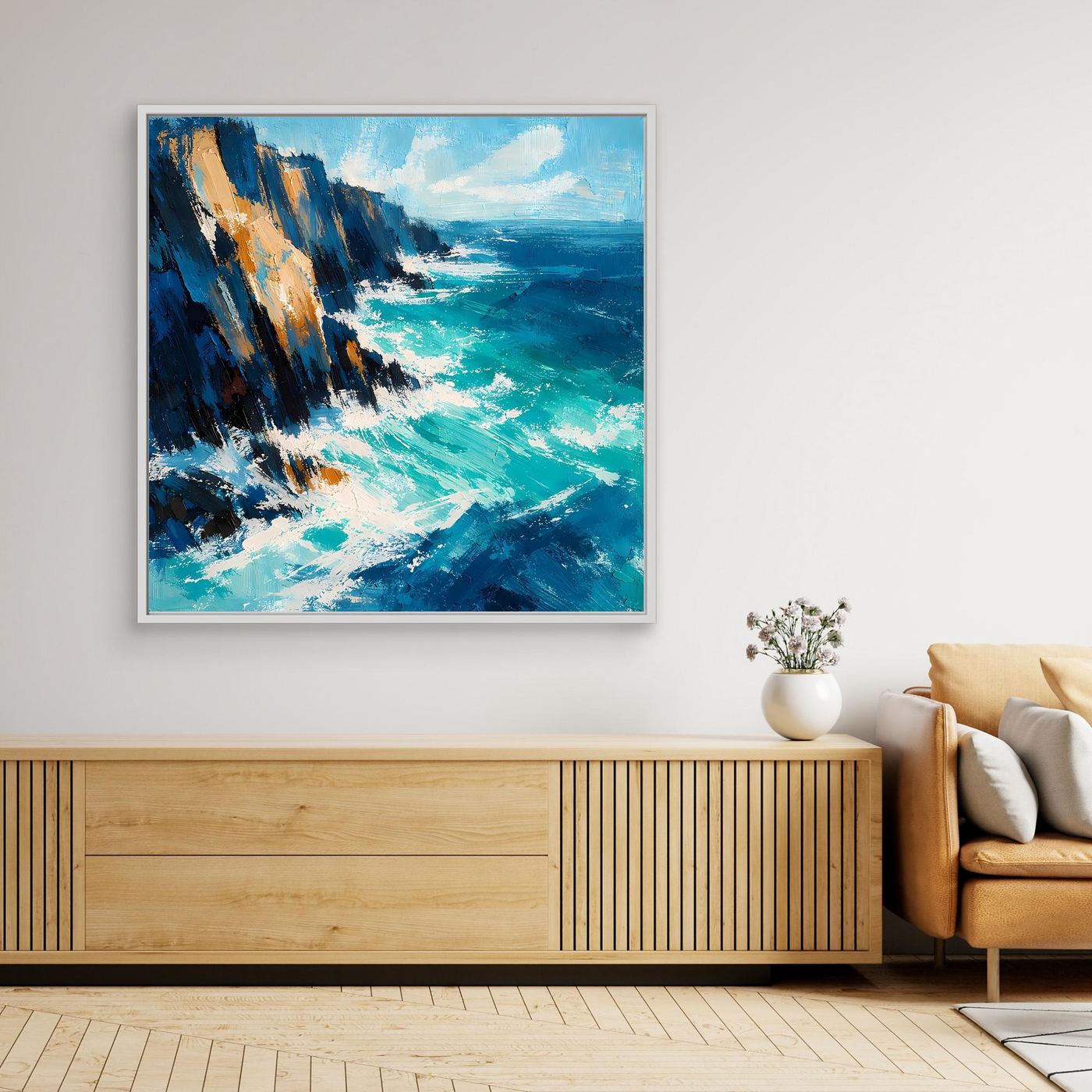 Abstraktes Leinwand-Wandbild mit türkisfarbenem Ozean und Steilküste, weißer Rahmen