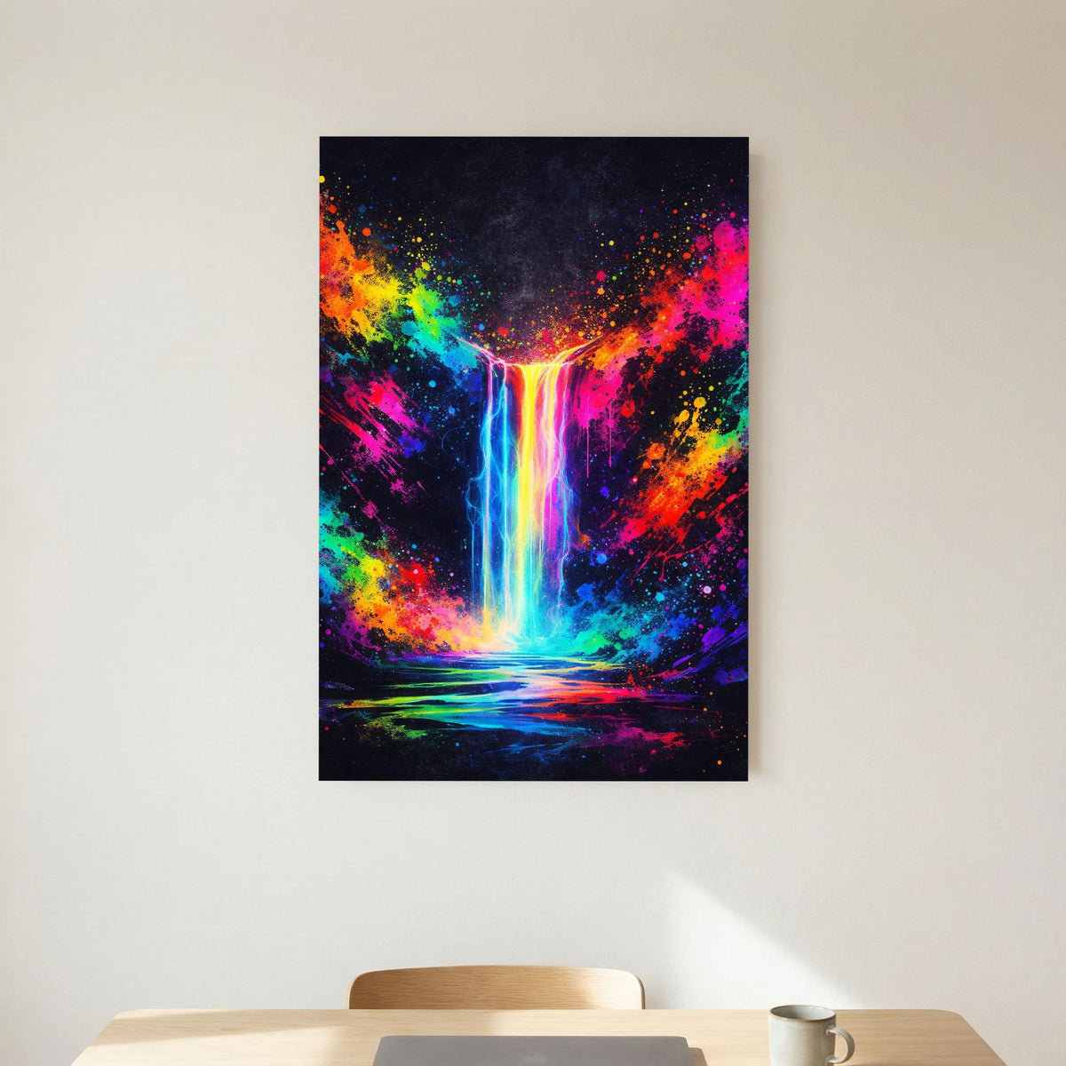 Hochformatiges Wandbild mit Neon-Wasserfall-Abstraktmotiv, kräftige Farbspritzer in Pink, Orange und Blau