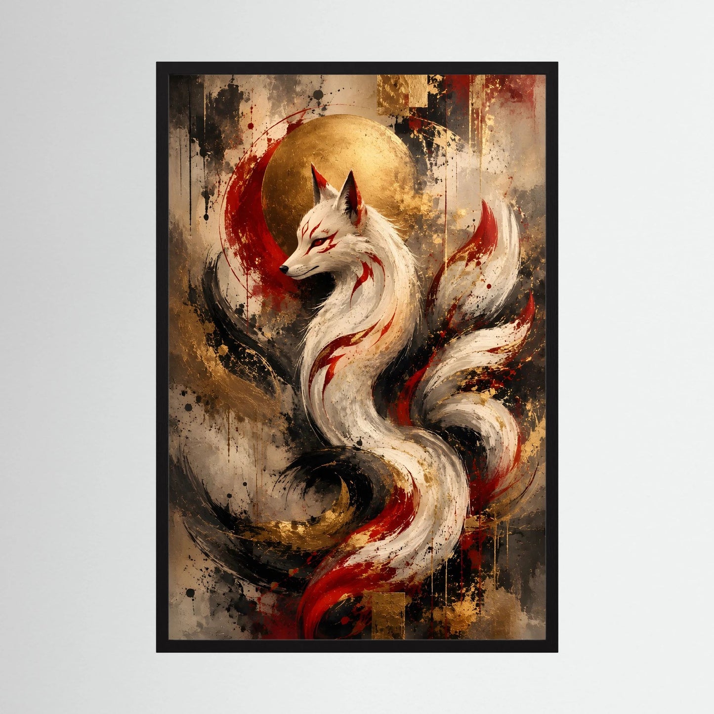 Kunstposter im Hochformat mit weißem Fuchs vor goldenem Mond, Schwarzrahmen.