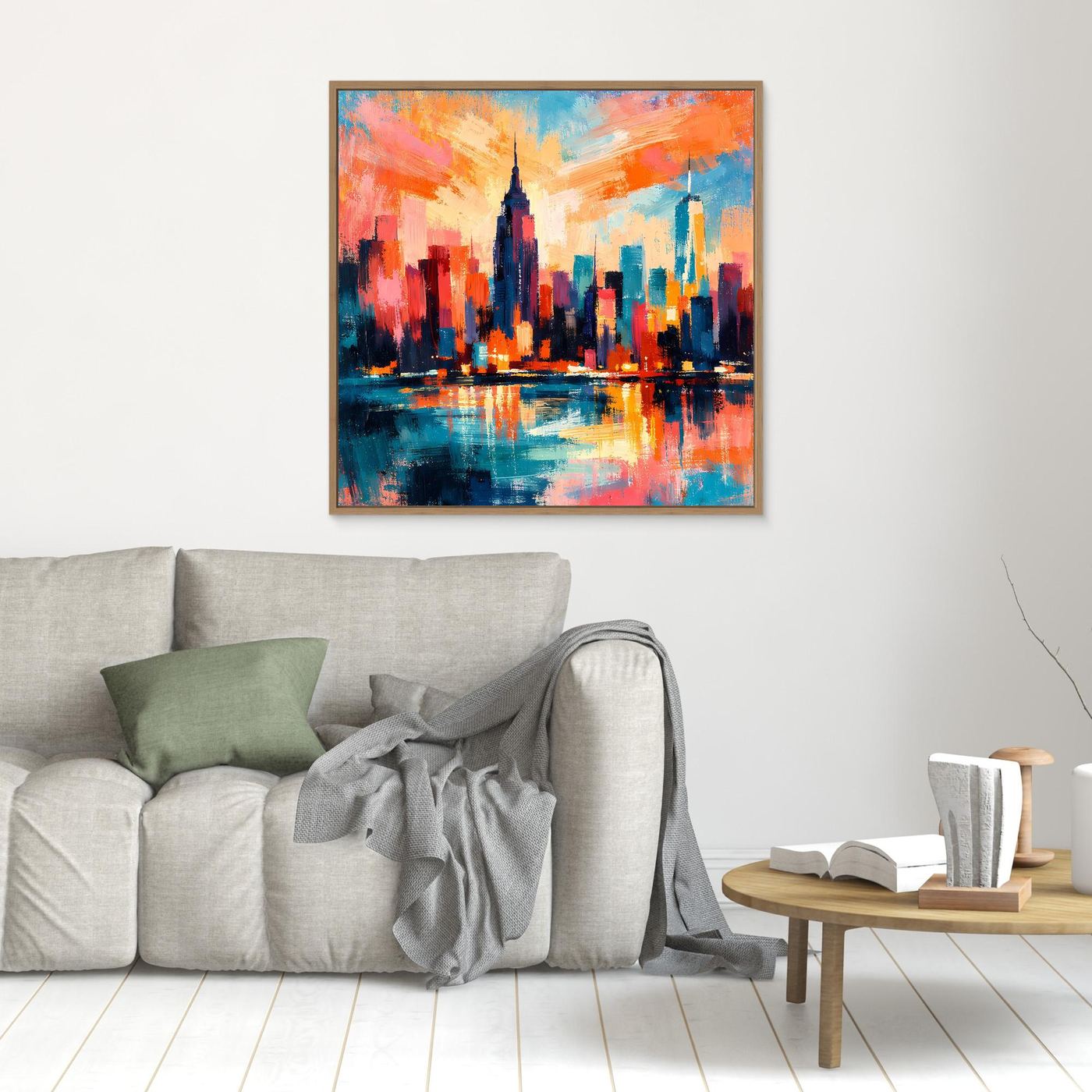 Gerahmtes abstraktes Leinwandbild mit Skyline und Wasserspiegelung, orange-blau, brauner Rahmen