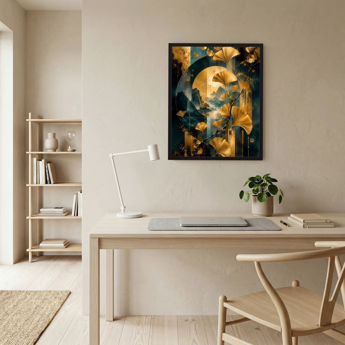 Gerahmtes Hochformat-Poster mit goldenen Ginkgo-Blättern und petrolblauen Kreiselementen