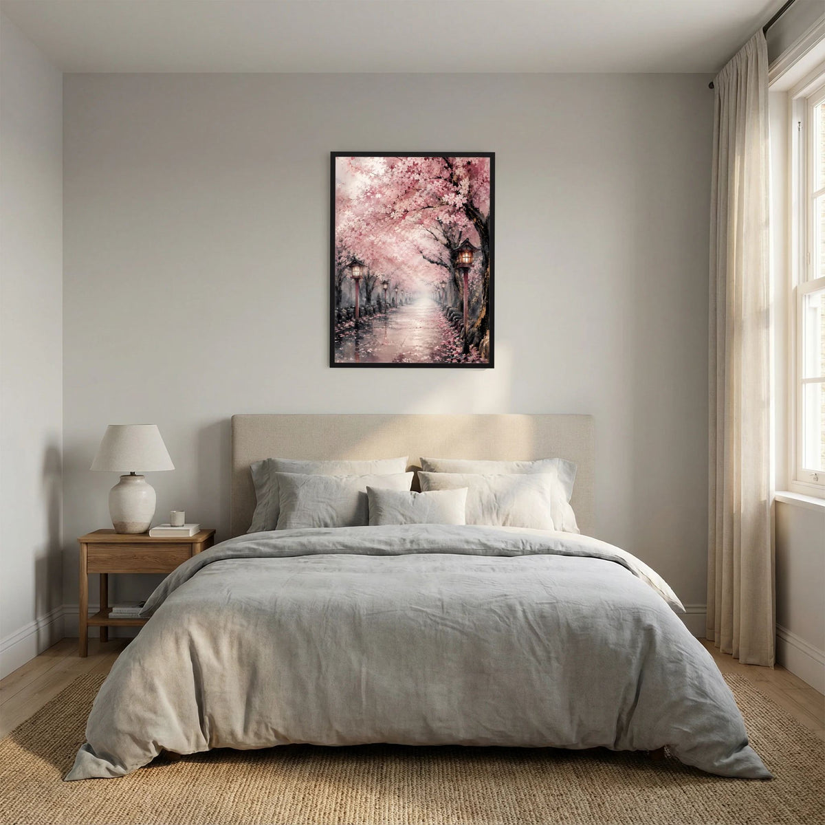 Gerahmtes Wandposter mit rosa Kirschblütenallee und Laternen im Hochformat