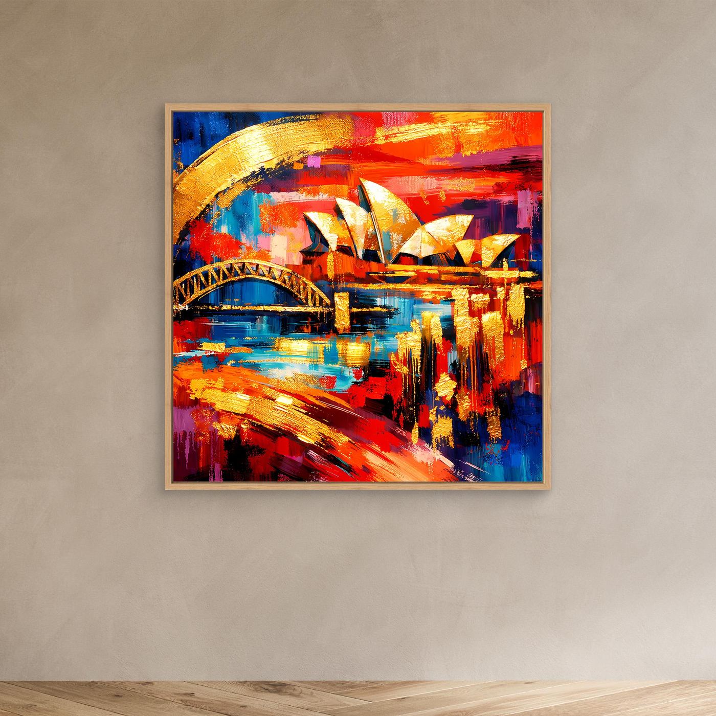 Leinwandbild im Eichenrahmen mit abstrakter Skyline, goldenen Brückenbögen und farbigen Reflexen