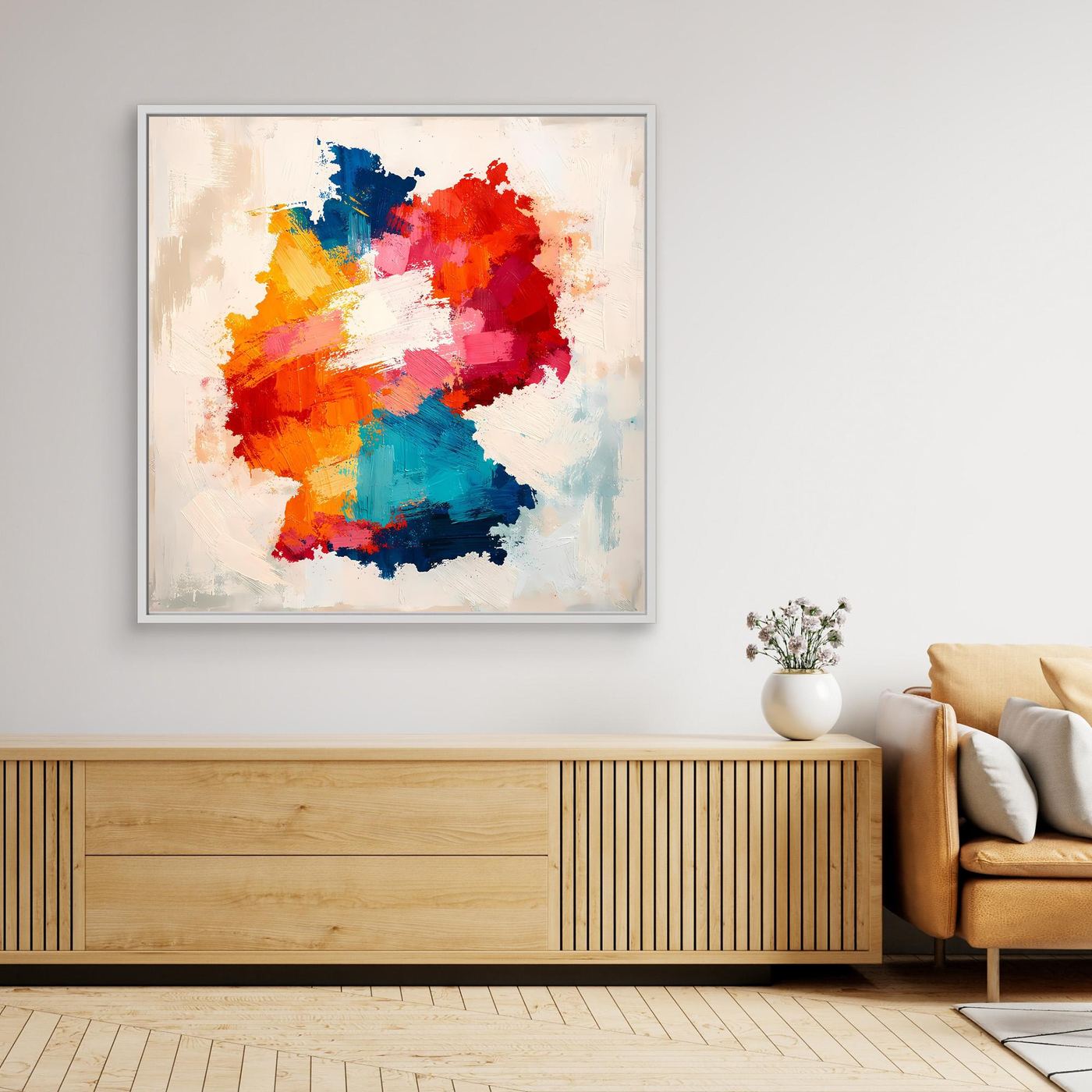 Abstract Germany map canvas wall art with multicolor paint splashes, light frame