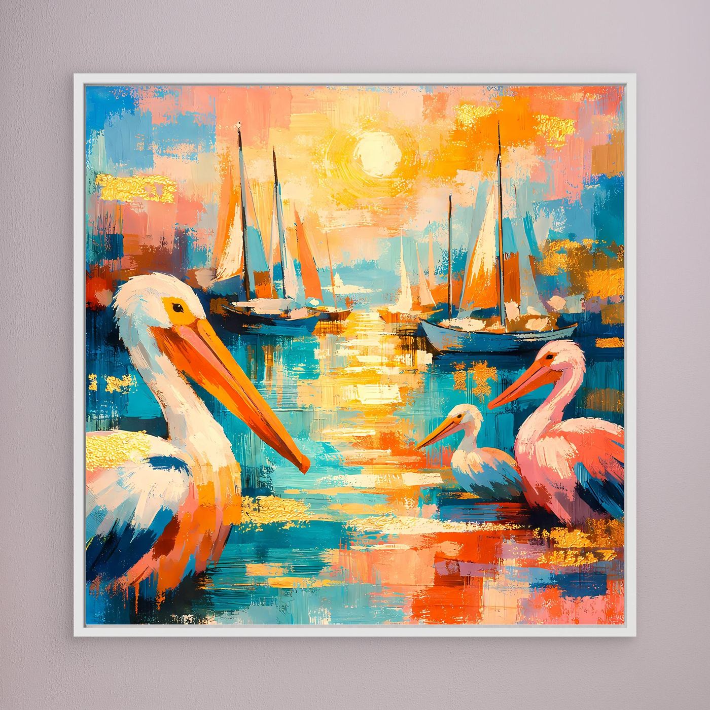 Leinwandbild mit bunten Pelikanen und Segelbooten im Hafen, weiß gerahmt
