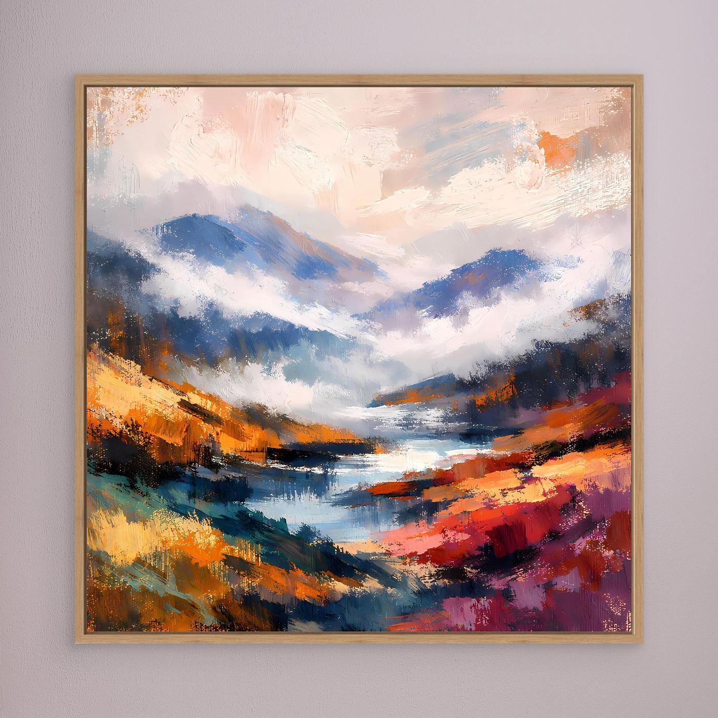 Leinwand-Wandbild: abstrakte Berglandschaft mit Fluss, brauner Holzrahmen, blau-orange Farbflächen.