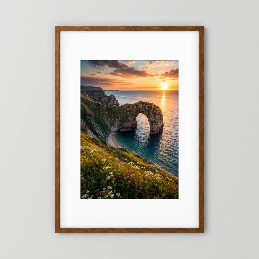 Hochformat-Poster mit Küstenlandschaft: Felsbogen am Meer im Sonnenuntergang, brauner Holzrahmen