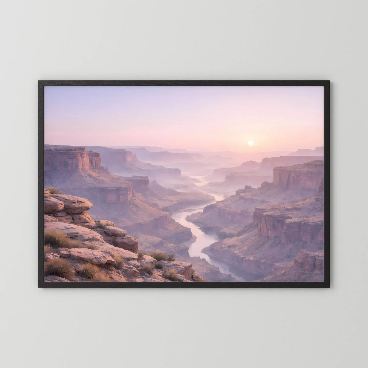 Canyon-Wandbild im Sonnenaufgang, Querformat mit schwarzem Rahmen
