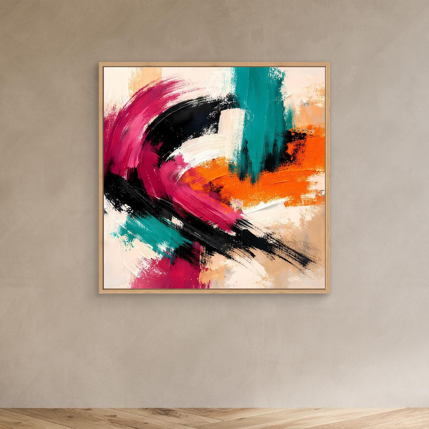 Abstraktes Wandbild auf Leinwand mit Holzrahmen: Pink, Türkis, Orange und Schwarz.