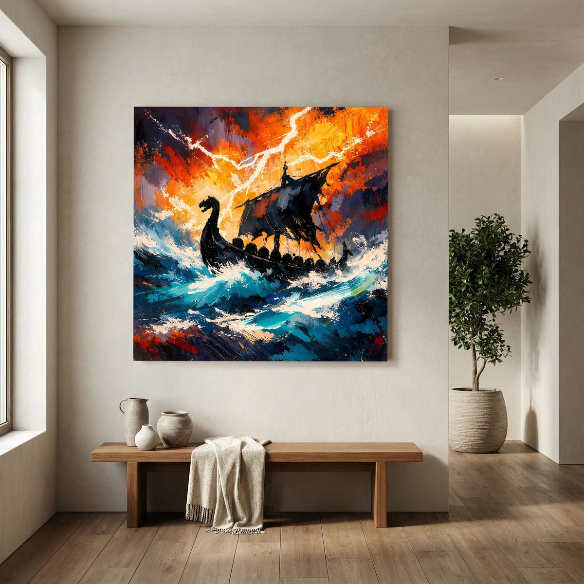 Keilrahmen-Leinwand: schwarzes Langschiff im Sturm, orange Flammenstimmung, blaue See und Sprühwasser