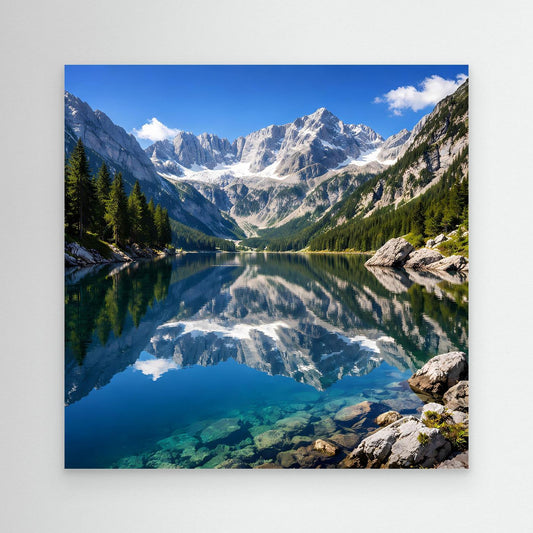 Leinwandbild mit Bergsee und Alpenpanorama im Querformat, ohne Rahmen