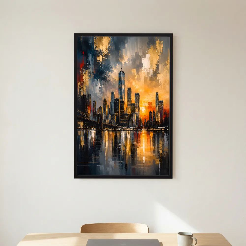 Poster im schwarzen Rahmen: abstrakte Großstadt-Skyline mit goldener Lichtstimmung