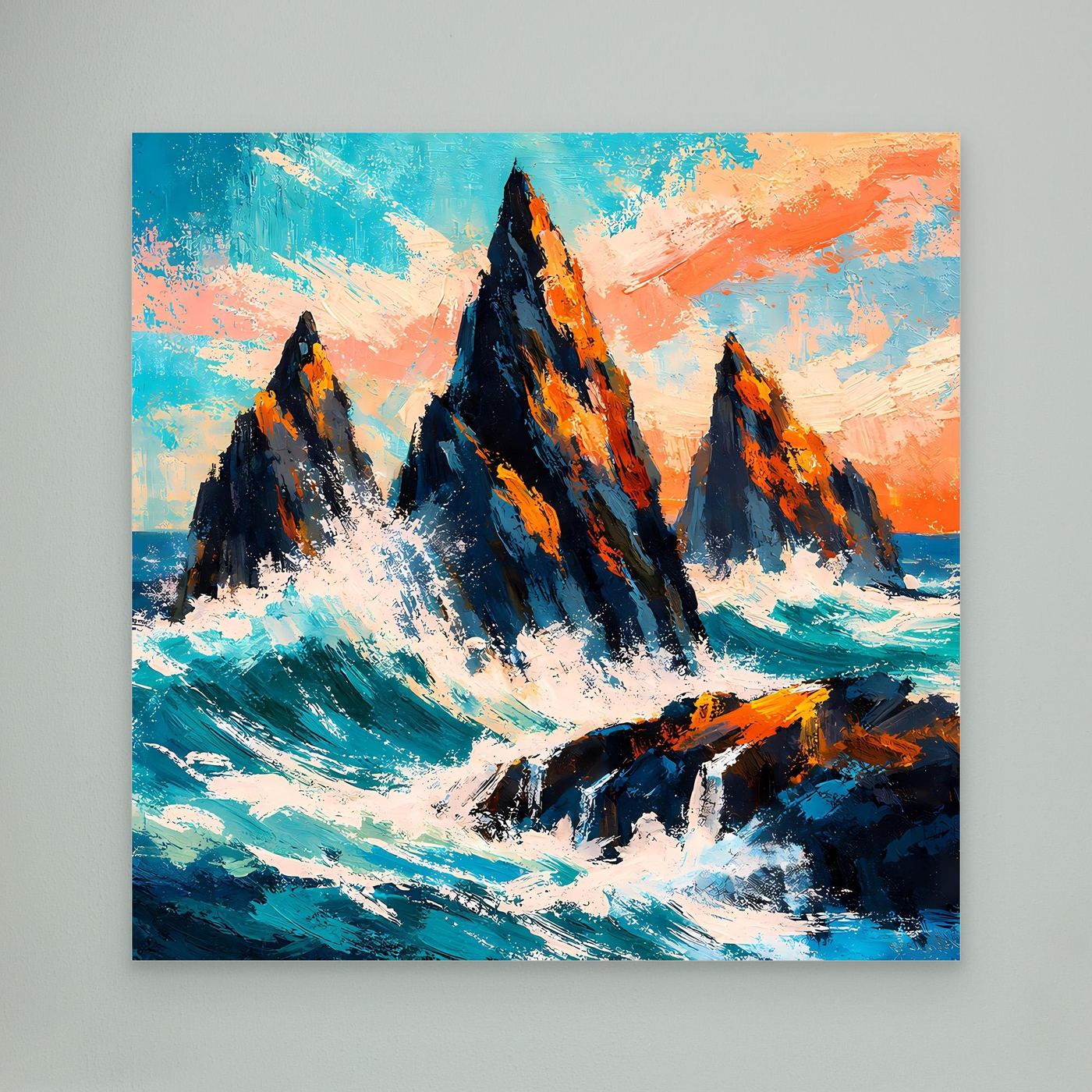 Wandbild mit abstrakten Felsen in der Brandung, türkis-orangen Farbflächen, ohne Rahmen sichtbar
