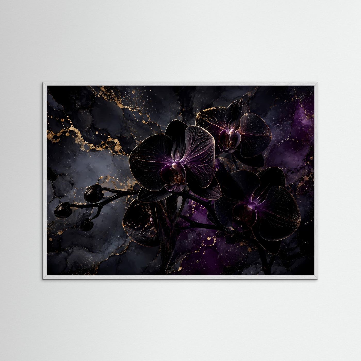 Schwarze Orchideen in Gold & Violett | Luxuriöses Florales Wandbild Querformat