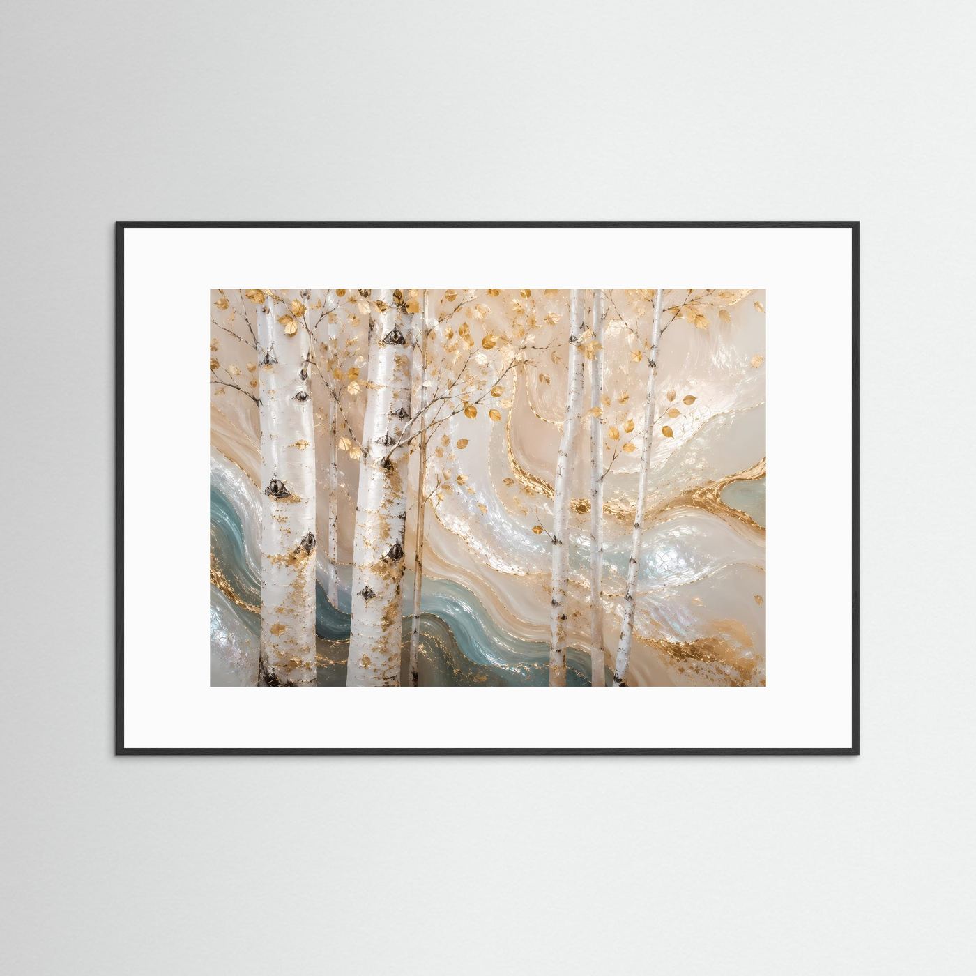 Wandposter Birkenwald in Creme und Gold im schwarzen Holzrahmen mit weißem Passepartout, quer