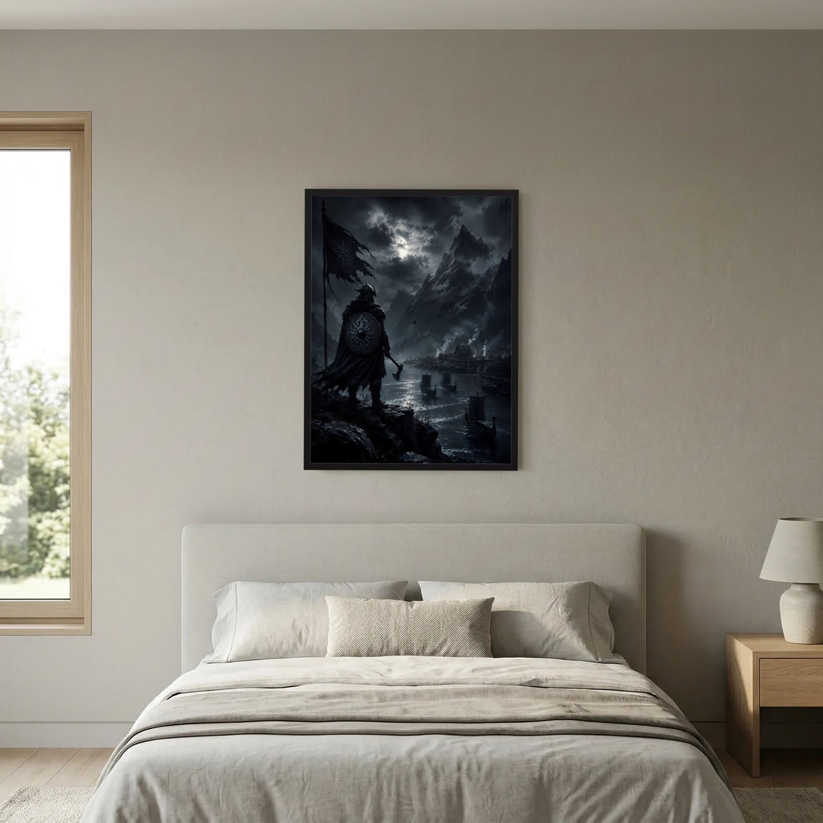 Poster im Hochformat mit Wikinger-Figur in dunkler Nachtlandschaft, schwarzer Rahmen
