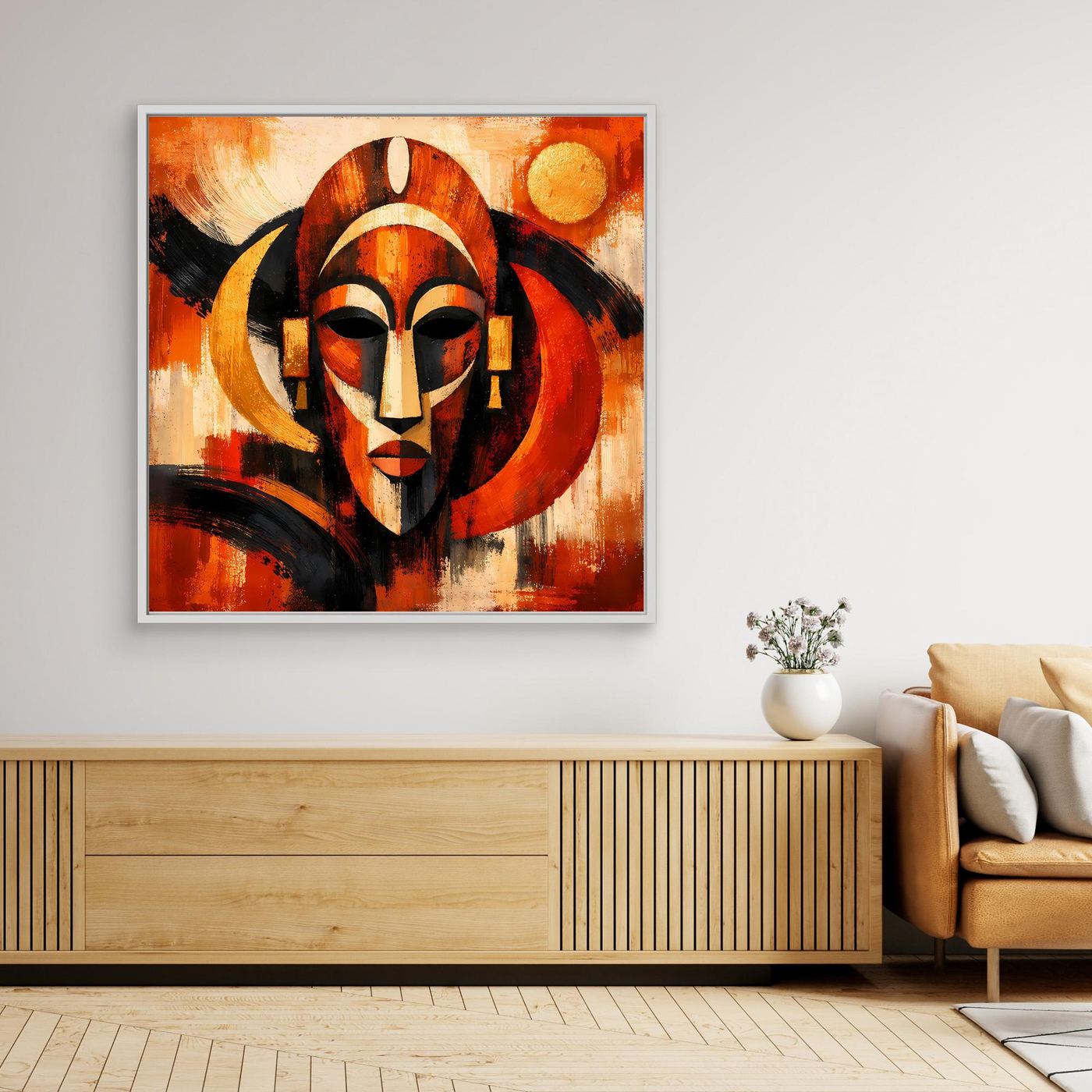 Abstraktes Leinwand-Wandbild mit afrikanischer Maske, rote und schwarze Farbfelder