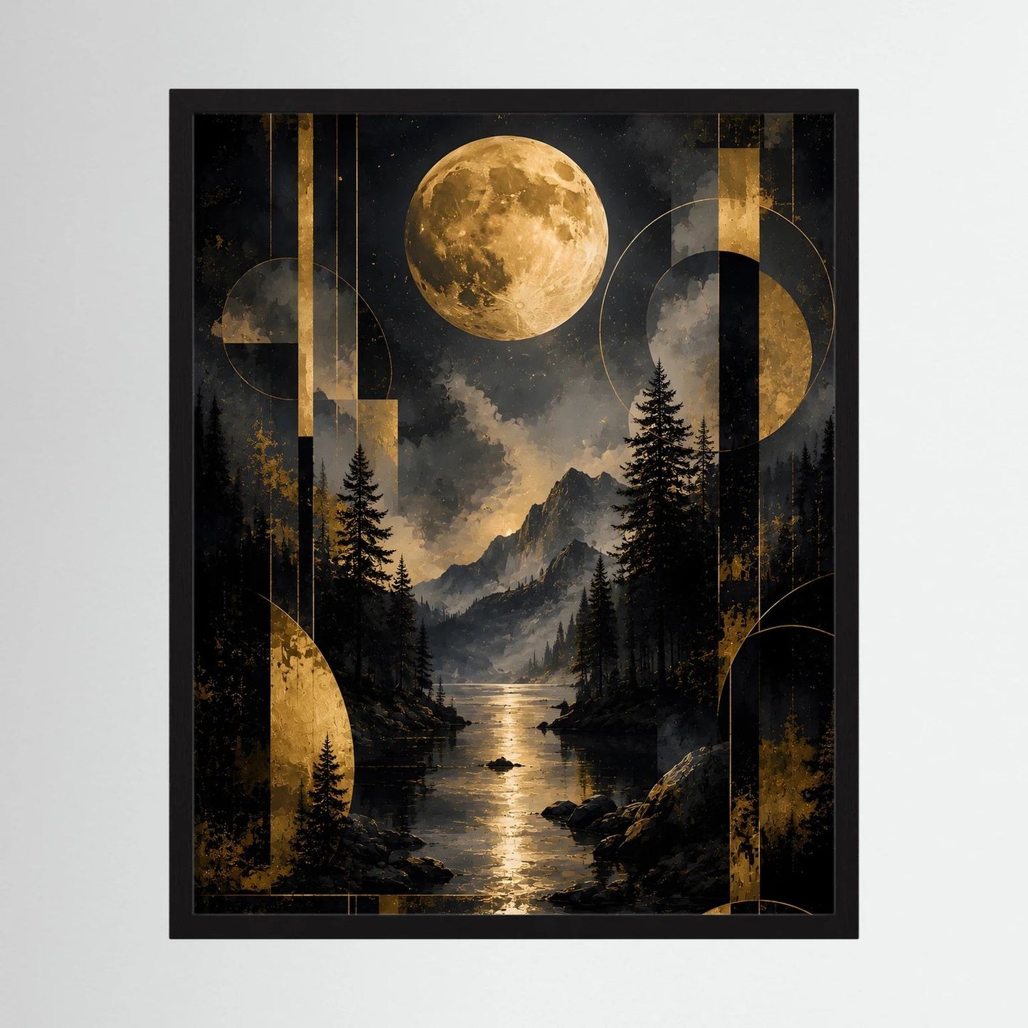 Hochformatiges, schwarz gerahmtes Poster mit goldenem Vollmond über Bergen und See