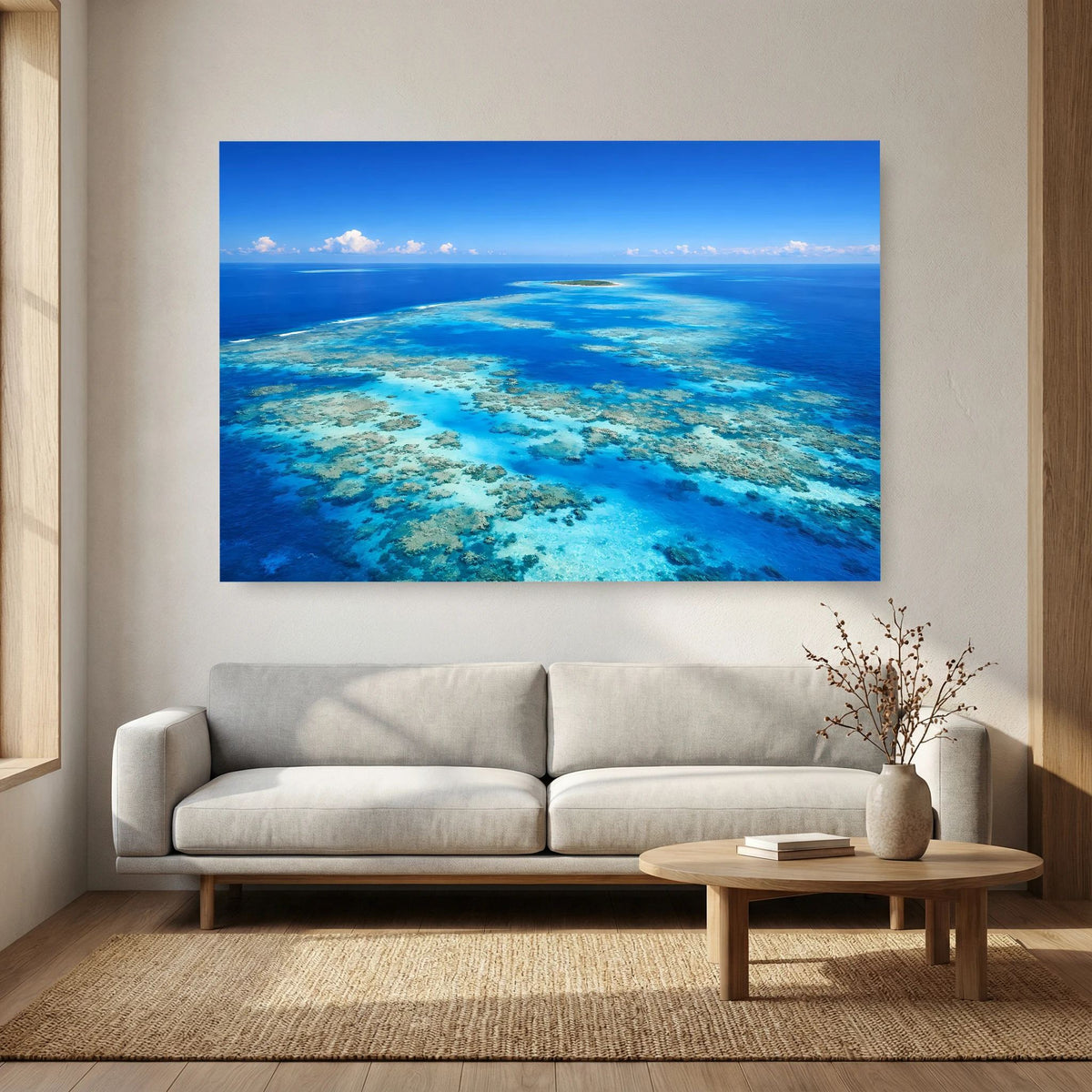 Wandbild Korallenmeer: Weitblick über türkisblaues Riff, Himmel mit hellen Wolken